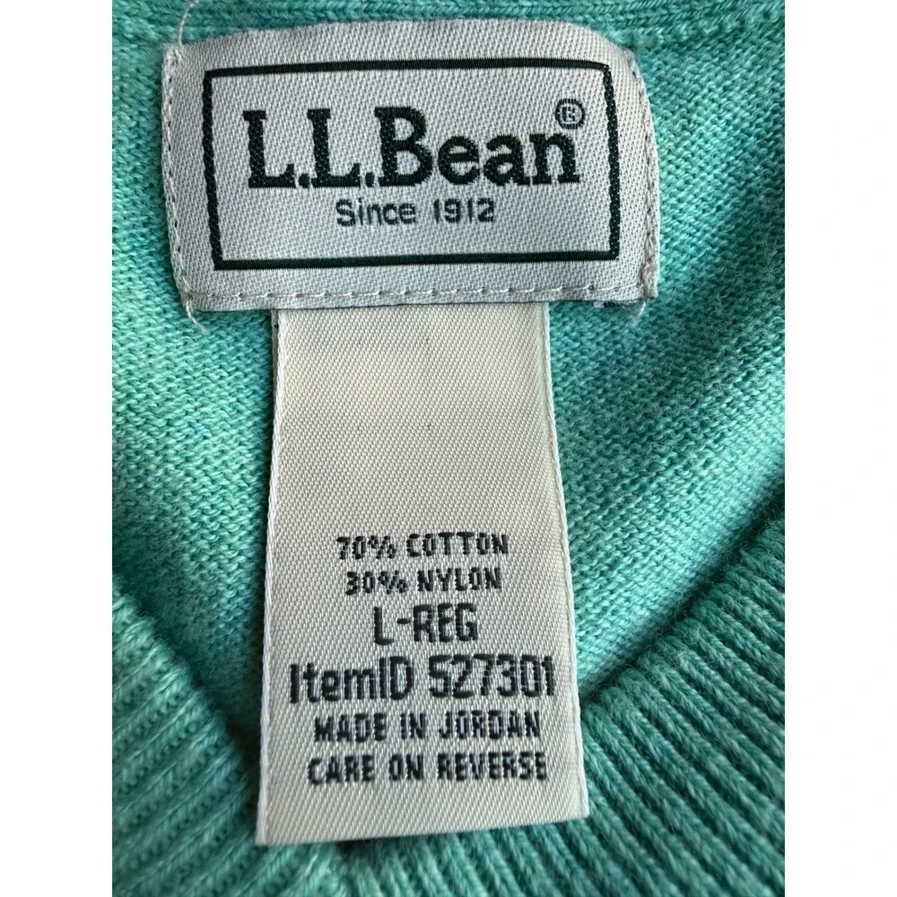 LL Bean Mens V-Neck Sweater Seafoam Green Cotton Nylon Blend Pullover 527301 L-R